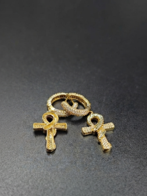 Ankh Huggie Hoop Religious Earrings 925 Sterling Silver Yellow Gold Plated