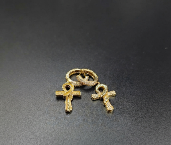 Ankh Huggie Hoop Religious  Earrings 925 Sterling Silver Yellow Gold Plated
