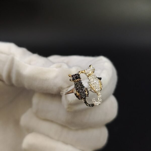 Two Black And White Moissanite Diamonds Cat Ring 925 Silver