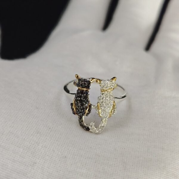 Two Black And White Moissanite Diamonds Cat Ring 925 Silver