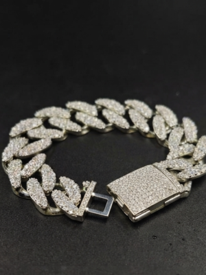 Mens Miami Cuban Link Solid Bracelet Diamonds White Gold Plated over Pure 925 Sterling Silver