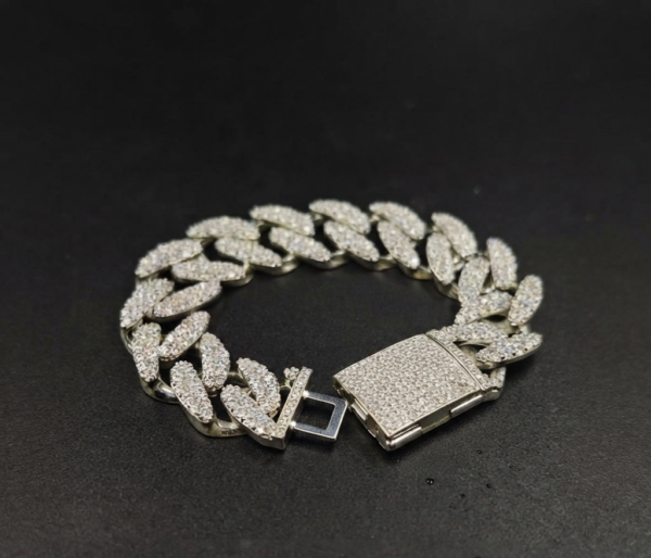 Mens Miami Cuban Link Solid Bracelet Diamonds White Gold Plated over Pure 925 Sterling Silver