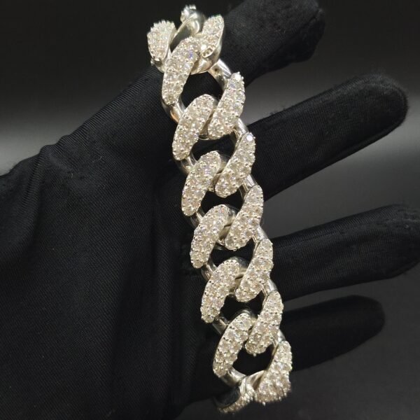 Mens Miami Cuban Link Solid Bracelet Diamonds White Gold Plated over Pure 925 Sterling Silver