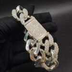 Mens Miami Cuban Link Solid Bracelet Diamonds White Gold Plated over Pure 925 Sterling Silver