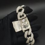 Mens Miami Cuban Link Solid Bracelet Diamonds White Gold Plated over Pure 925 Sterling Silver