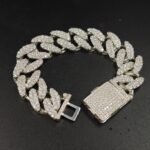 Mens Miami Cuban Link Solid Bracelet Diamonds White Gold Plated over Pure 925 Sterling Silver