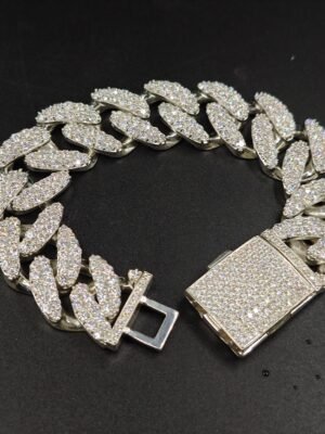 Mens Miami Cuban Link Solid Bracelet Diamonds White Gold Plated over Pure 925 Sterling Silver