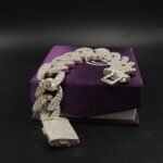 Mens Miami Cuban Link Solid Bracelet Diamonds White Gold Plated over Pure 925 Sterling Silver