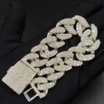 Mens Miami Cuban Link Solid Bracelet Diamonds White Gold Plated over Pure 925 Sterling Silver