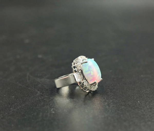 Gorgeous Oval Shape Fire Opal Diamond Ring 925 Sterling Silver