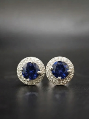 Blue & White Lab Created Diamond Double Halo Stud Earring For Ladies 925 Sterling Silver