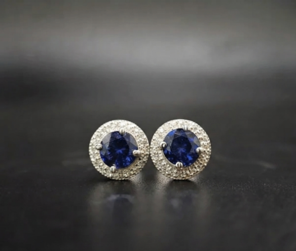 Blue & White Lab Created Diamond Double Halo Stud Earring For Ladies 925 Sterling Silver