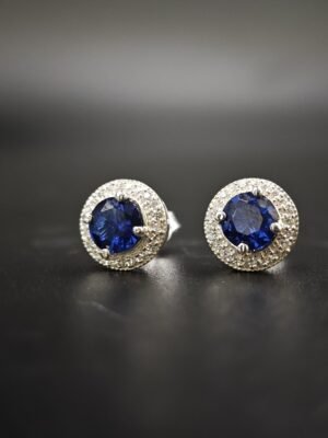 Blue & White Lab Created Diamond Double Halo Stud Earring For Ladies 925 Sterling Silver