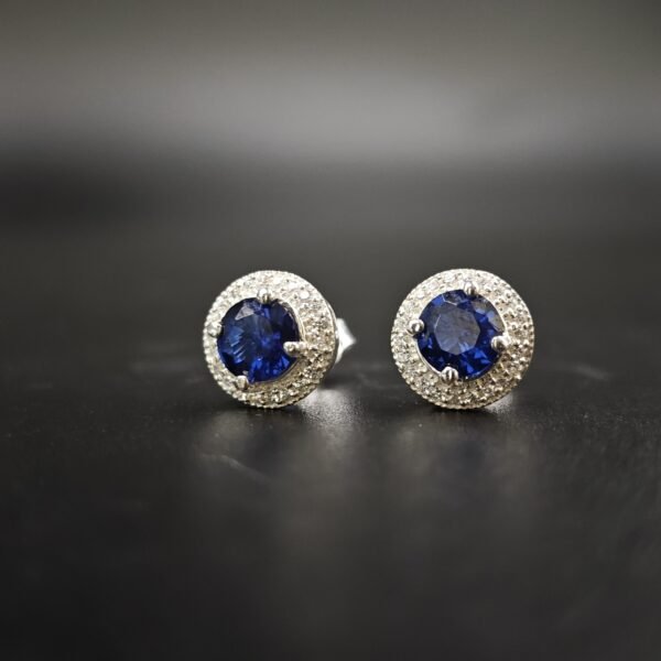 Blue & White Lab Created Diamond Double Halo Stud Earring For Ladies 925 Sterling Silver