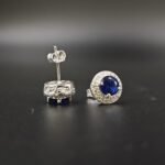Blue & White Lab Created Diamond Double Halo Stud Earring For Ladies 925 Sterling Silver