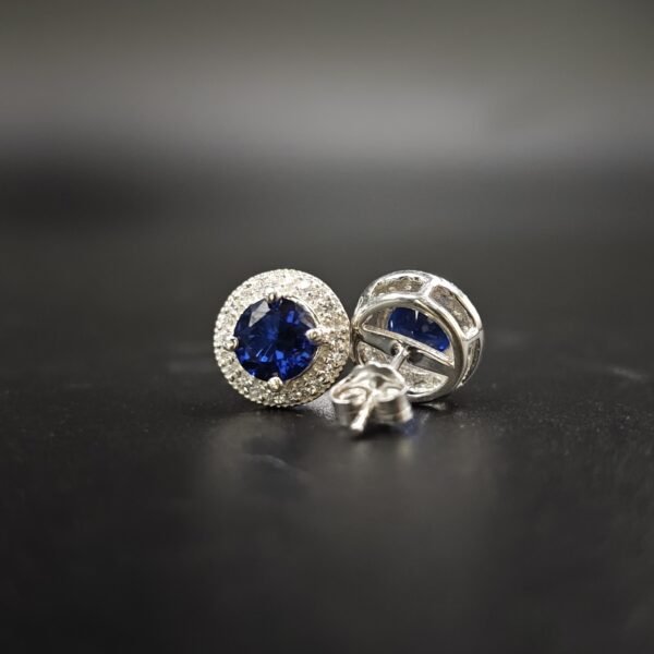 Blue & White Lab Created Diamond Double Halo Stud Earring For Ladies 925 Sterling Silver