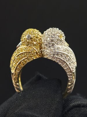 Yellow & White Diamond 2 Bird Ring For Ladies 925 Sterling Silver