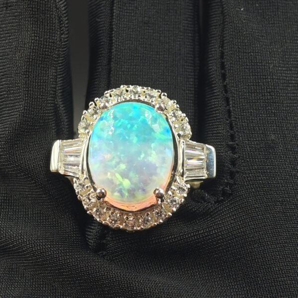 Gorgeous Oval Shape Fire Opal Diamond Ring 925 Sterling Silver