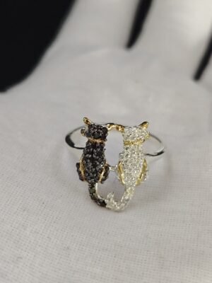 Black & White Diamond Cute 2 Cat Ring For Daughter 925 Sterling Silver