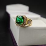 Men's White Diamond  & Green Emerald Gemstone Engagement Ring In 925 Sterling Silver