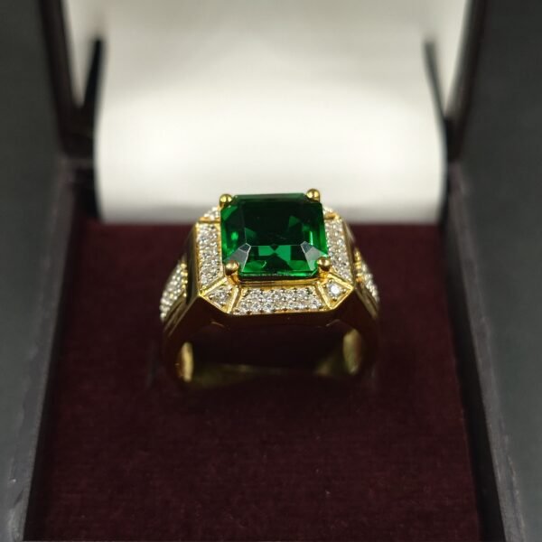 Men's White Diamond  & Green Emerald Gemstone Engagement Ring In 925 Sterling Silver