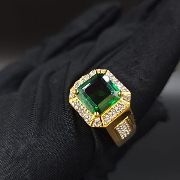 Men's White Diamond  & Green Emerald Gemstone Engagement Ring In 925 Sterling Silver