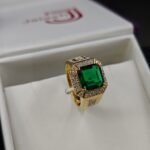 Men's White Diamond  & Green Emerald Gemstone Engagement Ring In 925 Sterling Silver