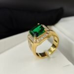 Men's White Diamond  & Green Emerald Gemstone Engagement Ring In 925 Sterling Silver