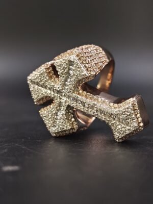 Men's Round & Baguette Real Moissanite Studded Iced Cross Ring In Rose Gold Plated Silver