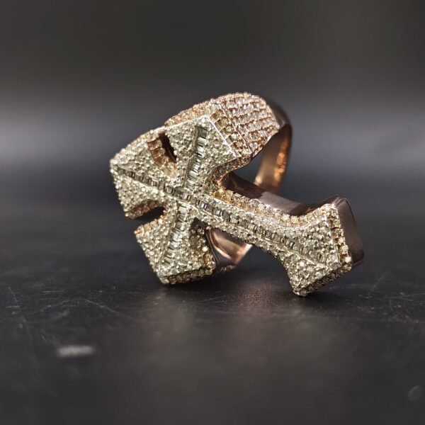 Men's Round & Baguette Real Moissanite Studded Iced Cross Ring In Rose Gold Plated Silver