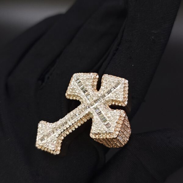 Men's Round & Baguette Real Moissanite Studded Iced Cross Ring In Rose Gold Plated Silver