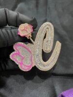 Girls Custom Initial Pendant with Pink Glow Moissanite 925 Silver Jewelry