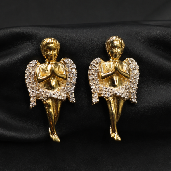 Praying Angel Moissanite Stud Earrings – Gold Finish Hip-Hop Jewelry