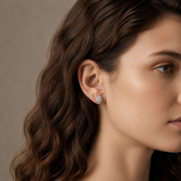 Oval Halo Cluster Moissanite Stud Earrings In 925 Sterling Silver.