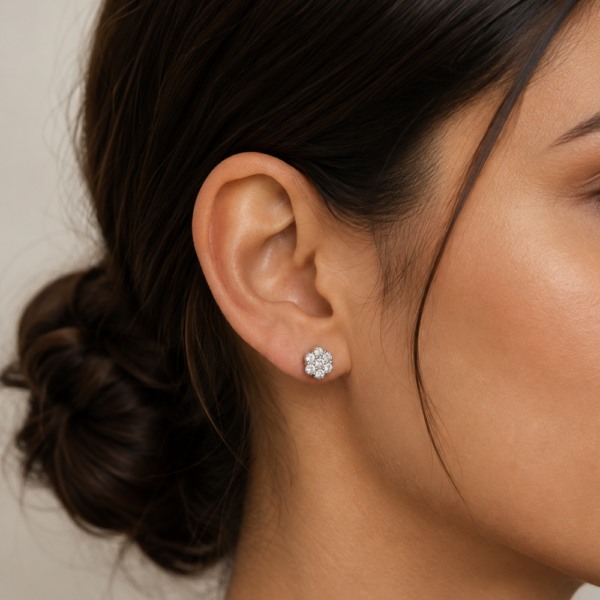 Real Floral Cluster Moissanite Stud Earrings in 925 Sterling Silver.