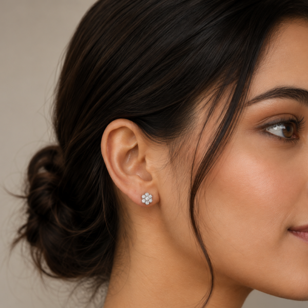 Real Floral Cluster Moissanite Stud Earrings in 925 Sterling Silver.