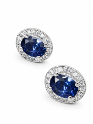Sapphire CZ Blue Stud Earrings Oval Shape in 925 Sterling Silver.