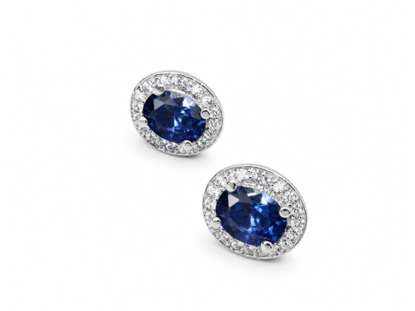 Sapphire CZ Blue Stud Earrings Oval Shape in 925 Sterling Silver.