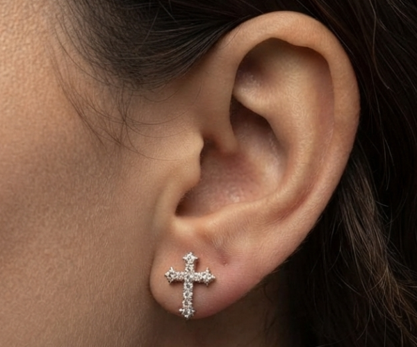 Real Moissanite Cross Stud Earrings For Women's Wear In 925 Sterling Silver.