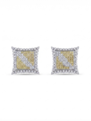 Square Pave Stud Earrings in 925 Sterling Silver – Two Tone CZ Geometric Iced Earrings