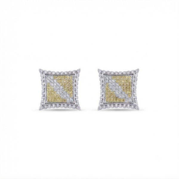 Square Pave Stud Earrings in 925 Sterling Silver – Two Tone CZ Geometric Iced Earrings