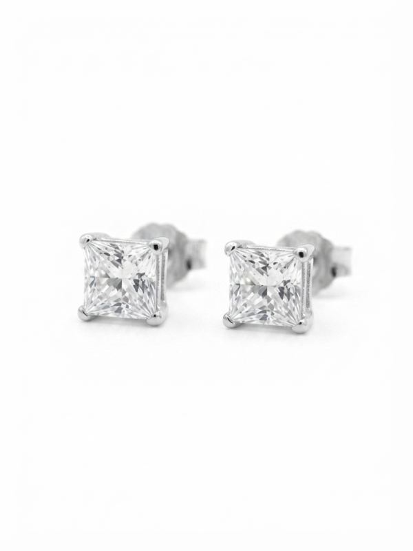 Tester Passing Moissanite Stud Earrings Princess Shape For Women's Wear In 925 Silver.