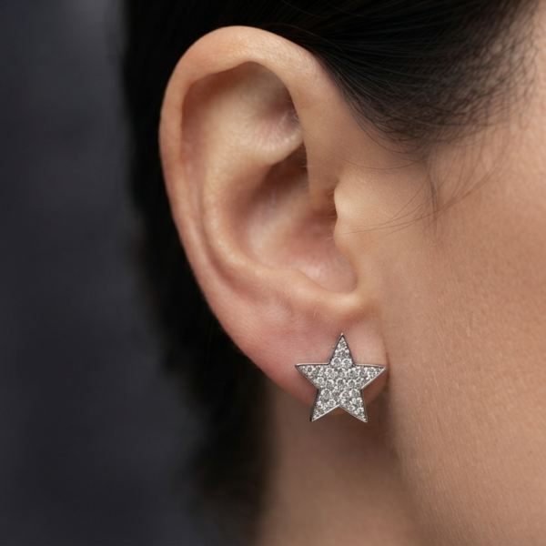 Brilliant Star Shape Moissanite Stud Earrings Pave Set In 925 Sterling Silver.