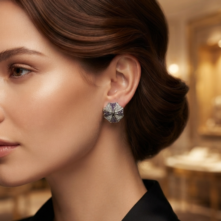 Purple CZ Stud Earrings For Women's Wear In 925 Silver.