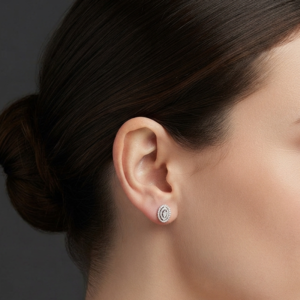 Oval Halo Cluster Moissanite Stud Earrings In 925 Sterling Silver.