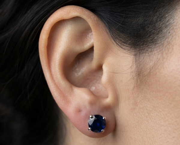 Deep Sapphire Blue CZ Stud Earrings In Round Shape In 925 Sterling Silver