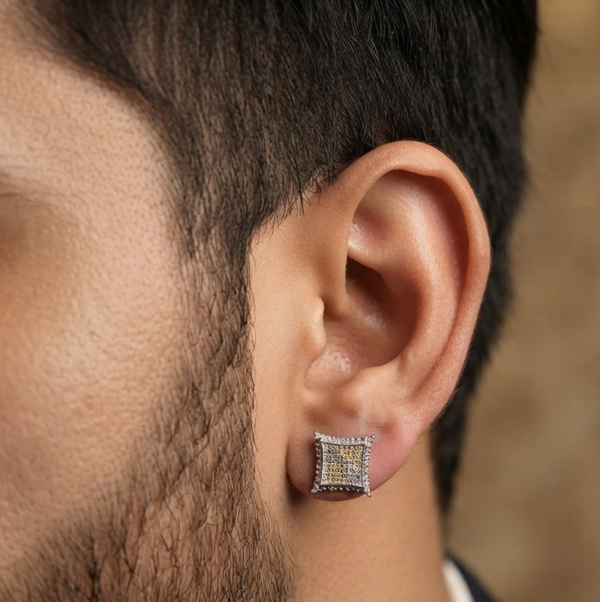 Square Pave Stud Earrings in 925 Sterling Silver – Two Tone CZ Geometric Iced Earrings