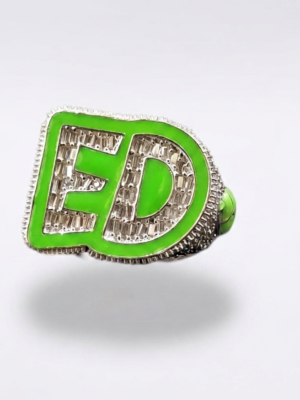 Custom “ED” Initial Baguette Moissanite Ring with Green Enamel in 925 Sterling Silver