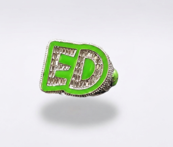 Custom “ED” Initial Baguette Moissanite Ring with Green Enamel in 925 Sterling Silver