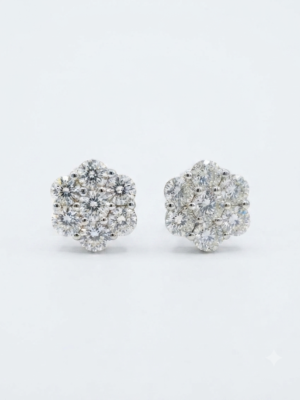 Real Floral Cluster Moissanite Stud Earrings in 925 Sterling Silver.